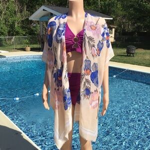 Woven Heart Womens Peach Floral Kimono Swimsuit Cover Up Size Large
